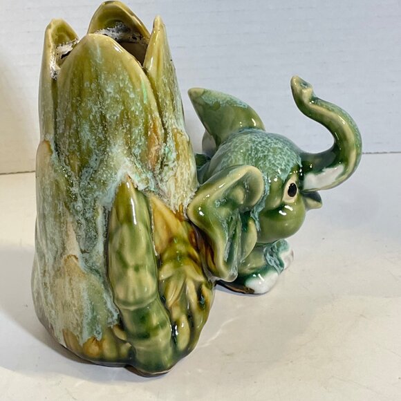 Vintage Elephant & Lotus Planter/Holder Hand-Glazed Ceramic Green & Brown - Picture 3 of 11